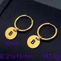 Elegant gold stainless steel hoop earrings featuring a round letter B charm, 21x15mm - Initial B Disc Style (KE96681-Z) / Gold