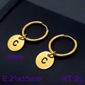 Minimalist gold plated stainless steel hoop earrings with letter C pendant charm - Initial C Disc Style (KE96682-Z) / Gold
