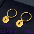 Polished gold stainless steel hoop earrings featuring a personalized letter E round charm - Initial E Disc Style (KE96684-Z) / Gold