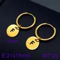 Minimalist gold stainless steel hoop earrings with dangling round letter F charms - Initial F Disc Style (KE96685-Z) / Gold