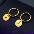 Gold stainless steel hoop earrings with letter J round pendant charm - Initial J Disc Style (KE96689-Z) / Gold