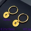 Elegant gold stainless steel hoop earrings featuring a minimalist circular letter K charm - Initial K Disc Style (KE96690-Z) / Gold