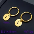 Minimalist golden stainless steel hoop earrings with letter L round pendant charm - Initial L Disc Style (KE96691-Z) / Gold