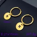 Elegant gold stainless steel hoop earrings featuring a minimalist round letter N pendant - Initial N Disc Style (KE96692-Z) / Gold