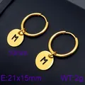 Elegant gold stainless steel hoop earrings with a custom letter M engraved disk pendant - Initial M Disc Style (KE96693-Z) / Gold