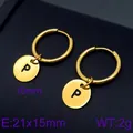 Minimalist gold stainless steel hoop earrings with a personalized letter P round pendant - Letter P Round Disc Style (KE96696-Z) / Gold
