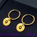 Dainty gold plated stainless steel hoop earrings featuring a letter Q round disc charm - Letter Q Round Disc Style (KE96697-Z) / Gold