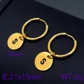 Polished gold stainless steel hoop earrings with round letter S tag and size details - Letter S Round Disc Style (KE96698-Z) / Gold