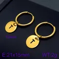 Minimalist gold plated stainless steel hoop earrings with letter T round disc charm - Letter T Round Disc Style (KE96699-Z) / Gold