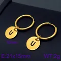 Minimalist gold stainless steel hoop earrings with round letter U disk charm pendants - Letter U Round Disc Style (KE96700-Z) / Gold