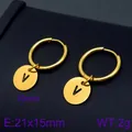 Minimalist gold stainless steel hoop earrings with letter V round pendant - Letter V Round Disc Style (KE96701-Z) / Gold