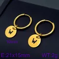 Gold plated stainless steel hoop earrings featuring a round pendant with initial W letter - Letter W Round Disc Style (KE96702-Z) / Gold