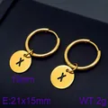 Gold-plated stainless steel hoop earrings featuring a round charm with letter X engraving - Letter X Round Disc Style (KE96703-Z) / Gold
