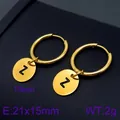 Premium gold stainless steel hoop earrings featuring circular letter Z pendant charms - Initial Z Disc Style (KE96705-Z) / Gold