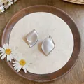 Gros plan de boucles d'oreilles en forme de feuille d'argent mat sur un plateau en bois rustique - Argent
