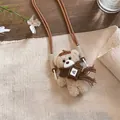 Simpatico ciondolo per telefono in peluche con orsetto e sciarpa marrone su sfondo lino - Stile Basco Sciarpa / Cordoncino 115cm / Beige
