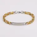 Close-up of a two-tone stainless steel Byzantine chain bracelet with curved ID plate. - Byzantine Curved Plate Style (AML029142) / 5mm*22cm / Gold & Silver