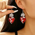Gothic style red crystal heart earrings with silver rose vine detail for women - Heart Gem Rose Earrings (6385) / White Gold