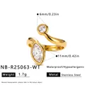 Detailed view of 18k gold plated stainless steel ring with zircon specs and dimensions - Geometric Double Diamond Open Style (NB-R25063-WT) / Open Adjustable / White