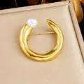 Elegant gold-plated stainless steel C-shaped brooch with white pearl accent for daily wear - C-Shaped Pearl Style (JBSW598) / Gold