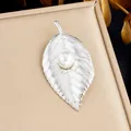 Elegant silver leaf-shaped stainless steel brooch with center white pearl accent - Pearl Leaf Style (JBSW607)