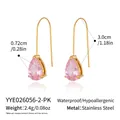 Pendientes de acero dorado con circonita rosa y dimensiones detalladas del producto - Estilo de Pera (YYE026056-2-PK)