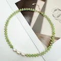 Detailed view of a green natural stone necklace with three baroque pearls on a white background. - Baroque Pearl Abacus Bead Necklace / 38+5cm / Light Green (with Baroque Pearl)