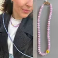 Handmade natural purple stone abacus bead necklace with a yellow smiley face charm - 38+5cm / Purple Smiley