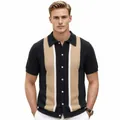 Men's casual knitted polo shirt with stylish vertical color-block stripes and button-down front. - M / Tops / Black