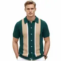 Men's vintage-style knit short sleeve polo cardigan in green and tan color-block design - M / Tops / Green