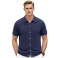 Men's blue short sleeve knitted polo shirt with hollow jacquard pattern - M / Tops / Navy Blue