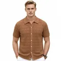 Men's brown knit short-sleeve polo shirt with diamond jacquard and hollow texture - M / Tops / Brown