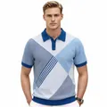 Classic men's short-sleeved polo shirt featuring blue and white geometric knit patterns - M / Tops / Blue