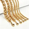 Close-up of gold stainless steel wheat chains in various widths for DIY jewelry - 8mm / 18cm Bracelet / Gold