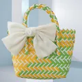Colorful hand-woven gift basket bag with decorative white bow for beach or weddings - Small (With White Bow) / Yellow-Green
