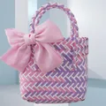 Hand-woven colorful tote bag with large pink bow in purple and white weave - Small (With Pink Bow) / Pink Purple