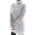 Close-up showing the intricate white chunky cable knit pattern on a turtleneck sweater dress - S / Dresses / White