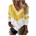 Stylish women's V-neck knit pullover sweater featuring yellow leopard print splicing - 3XL / Tops / Yellow Leopard