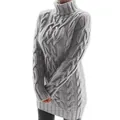Elegant gray cable-knit turtleneck sweater dress for women with long sleeves and thick knit - Gray / S