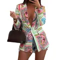 Women's baroque print blazer jacket with long sleeves and colorful scrollwork pattern - S / Tops / Light Green