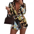 Chic women's blazer featuring vibrant gold chain and medallion prints - S / Tops / Black+Yellow