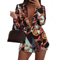 Chic chain print blazer jacket for women with long sleeves and professional lapel style. - S / Tops / Black and Orange 04