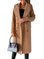 Elegant women's double-breasted camel wool coat with functional pockets and lapel collar - S / Tops / Khaki