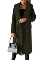 Elegant women's double-breasted long wool coat in dark olive green featuring flap pockets - Army Green