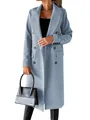 Elegant light blue long-sleeved double-breasted wool coat with pockets for women - Sky Blue