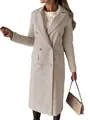Women's elegant long-sleeved double-breasted long woolen coat in light beige cream color - Beige