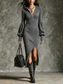 Detailed view of a grey ribbed knit maxi dress featuring lantern sleeves and a front slit - S / Dresses / Gray