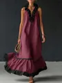 Dettaglio dell'elegante scollo a V con volant di questo abito lungo bordeaux senza maniche. - Taglia S / Vestiti / Borgogna