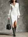 Detail of white knitted long-sleeve maxi dress featuring a zipper collar and side slit - S / Dresses / White