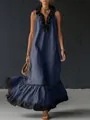 Elegante abito lungo blu navy senza maniche con raffinati dettagli a balze nere. - Taglia S / Vestiti / Blu scuro